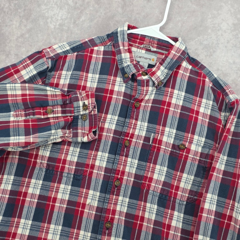 Carhartt Plaid Flannel Shirt Mens Large Relaxed Fit Red Blue Long Sleeve